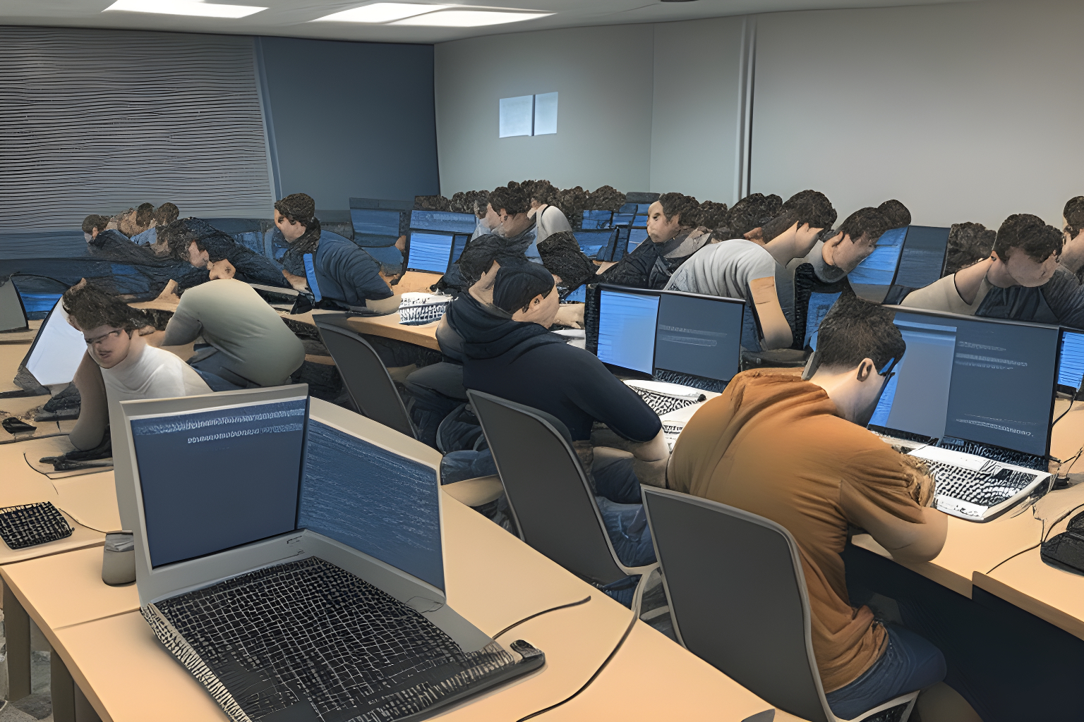 college students writing http code in their class rooms