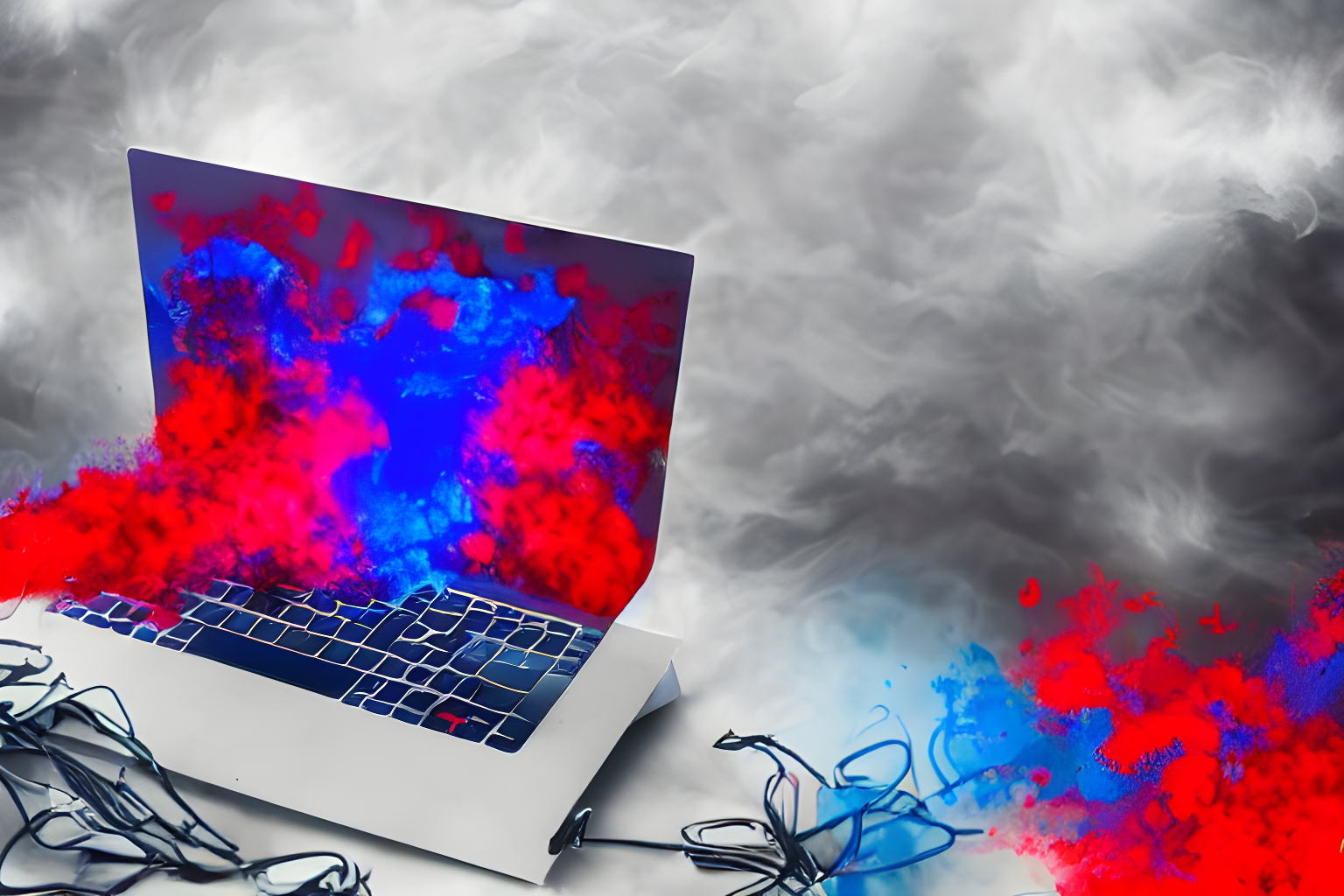 computer imploding into the colors of red and blue that showers a thousand people