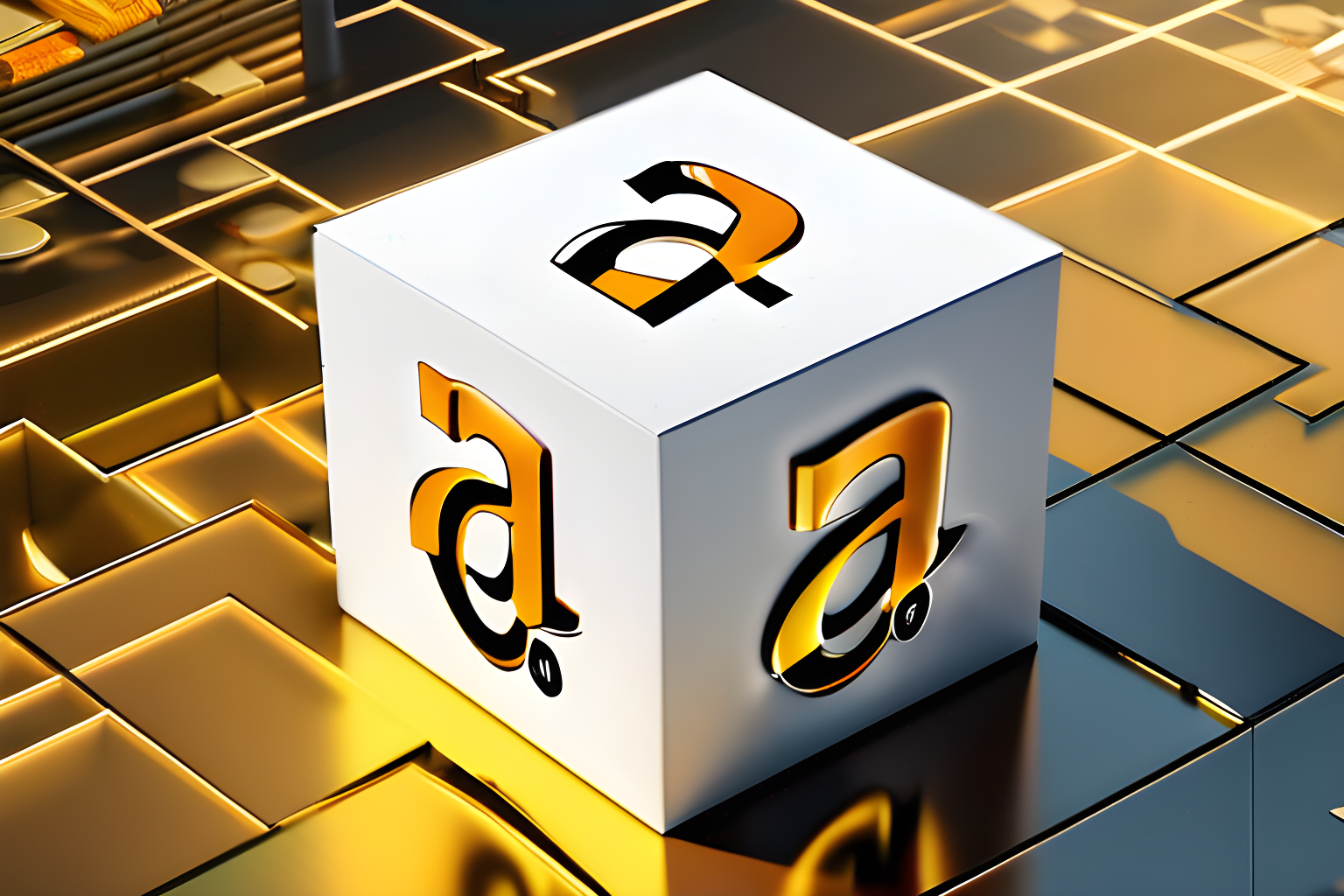 concept art of a 3-D cube, branded with amazon's logo, filled with money.