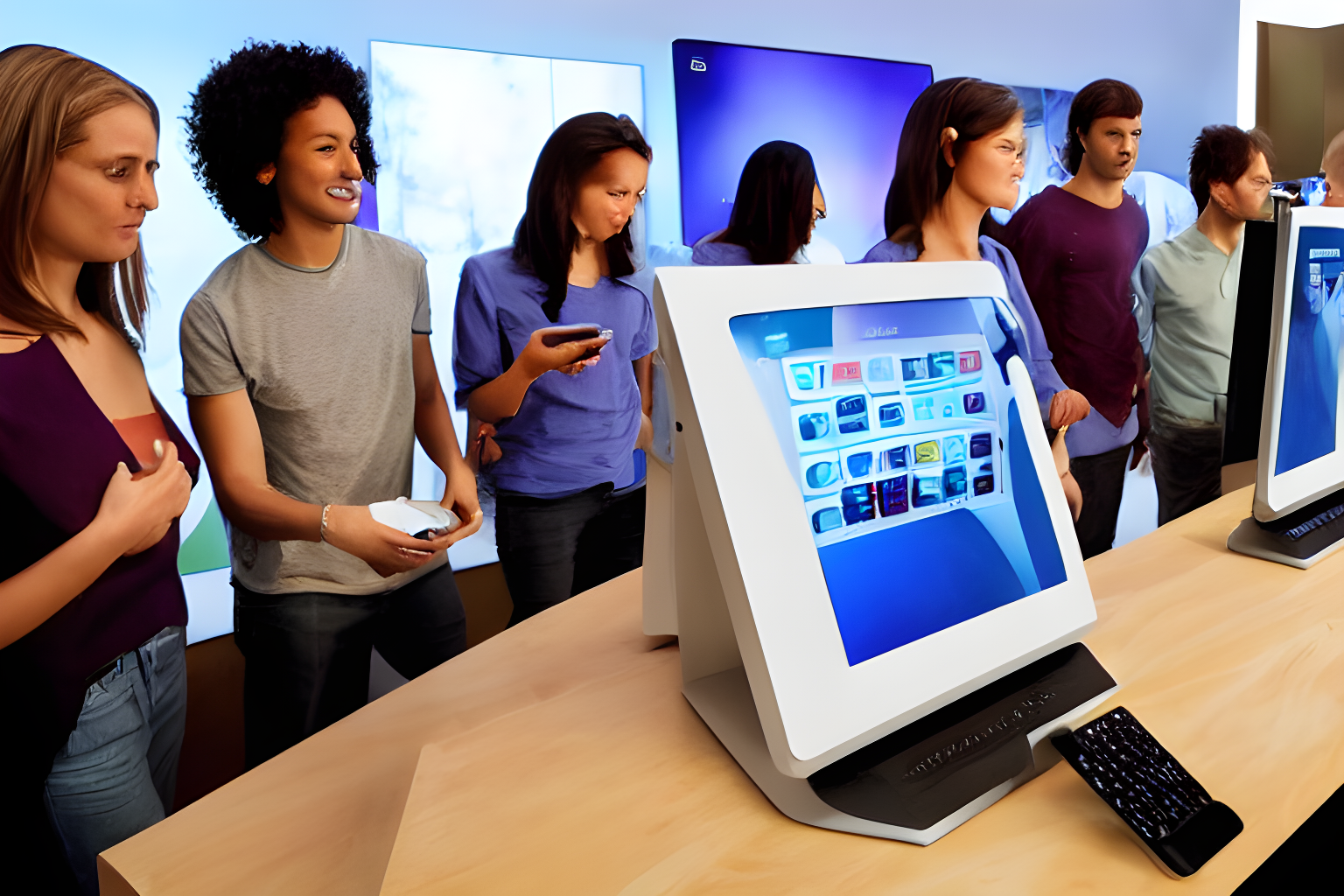 consumers looking at different keyboards at an apple kiosk