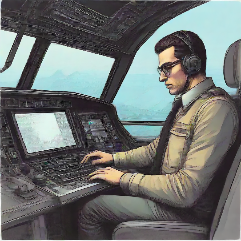 copilot in a cockpit typing on a laptop