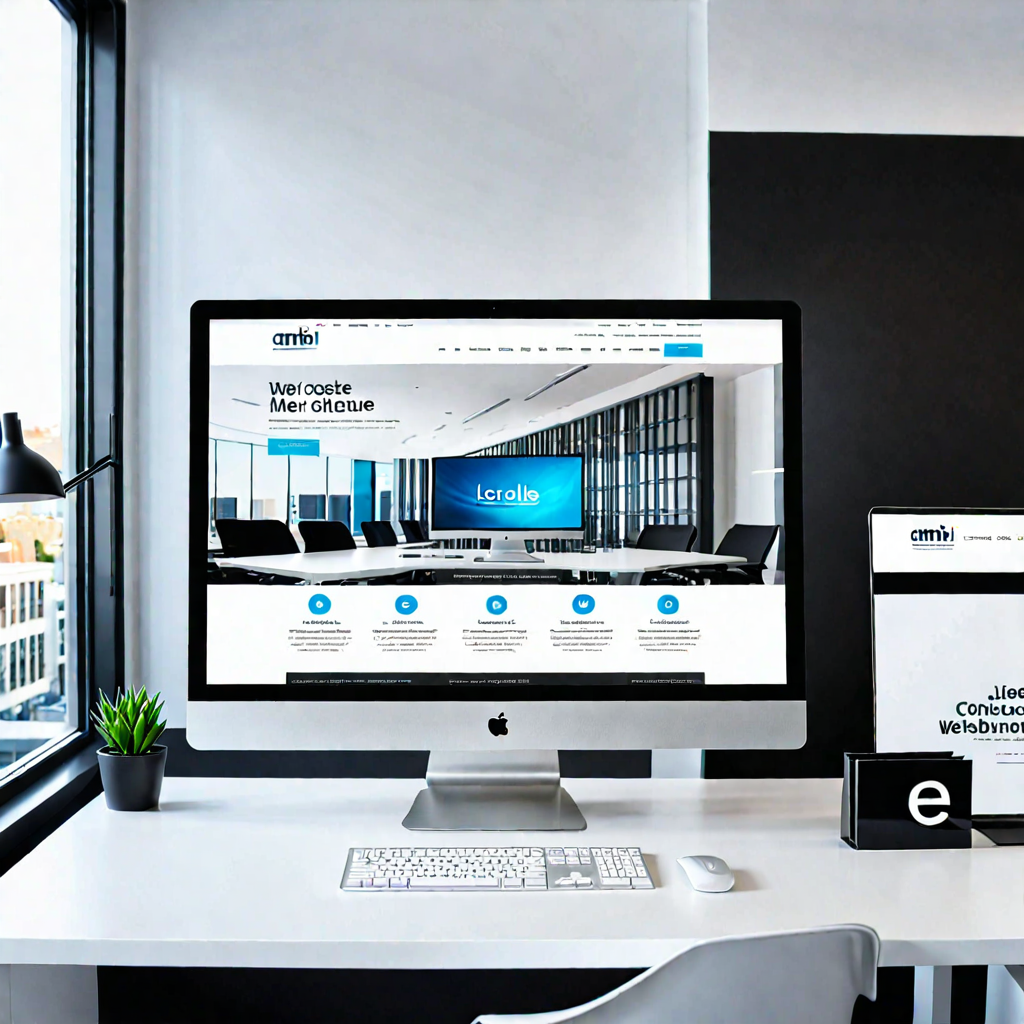 Create a stunning photorealistic image of a modern workspace with a sleek computer monitor displaying a website. The website showcases different sections with text that dynamically resizes, adjusting perfectly to fit various screen sizes. The background features a minimalist office setting with ambi