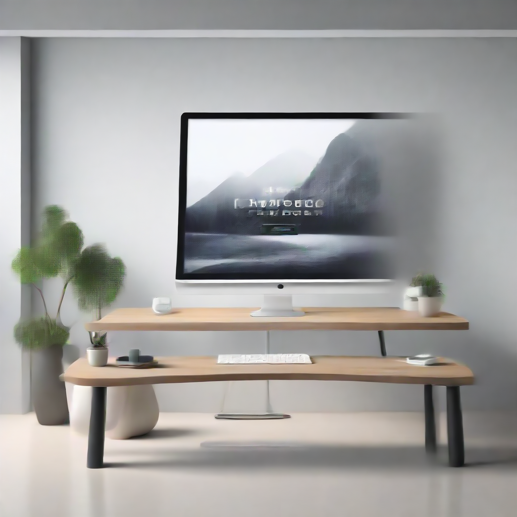 Create a stunning photorealistic image of a modern workspace with a sleek computer monitor displaying a website. The website showcases different sections with text that dynamically resizes, adjusting perfectly to fit various screen sizes. The background features a minimalist office setting with ambi
