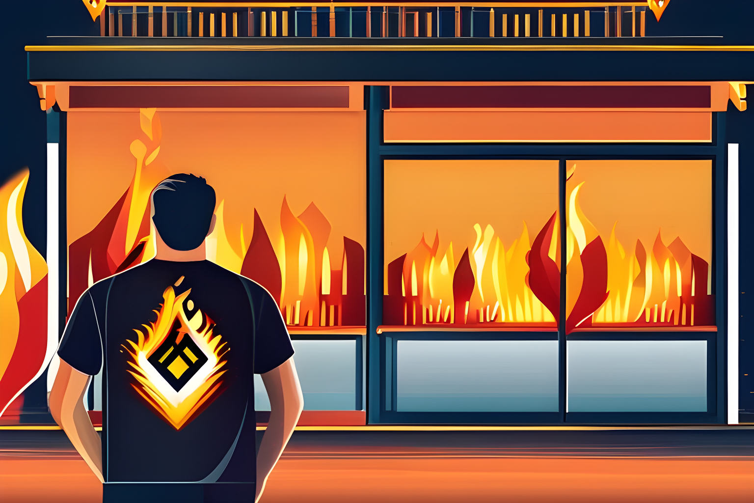 Create an illustration of a burning building with a man in a binance t-shirt standing beside itr