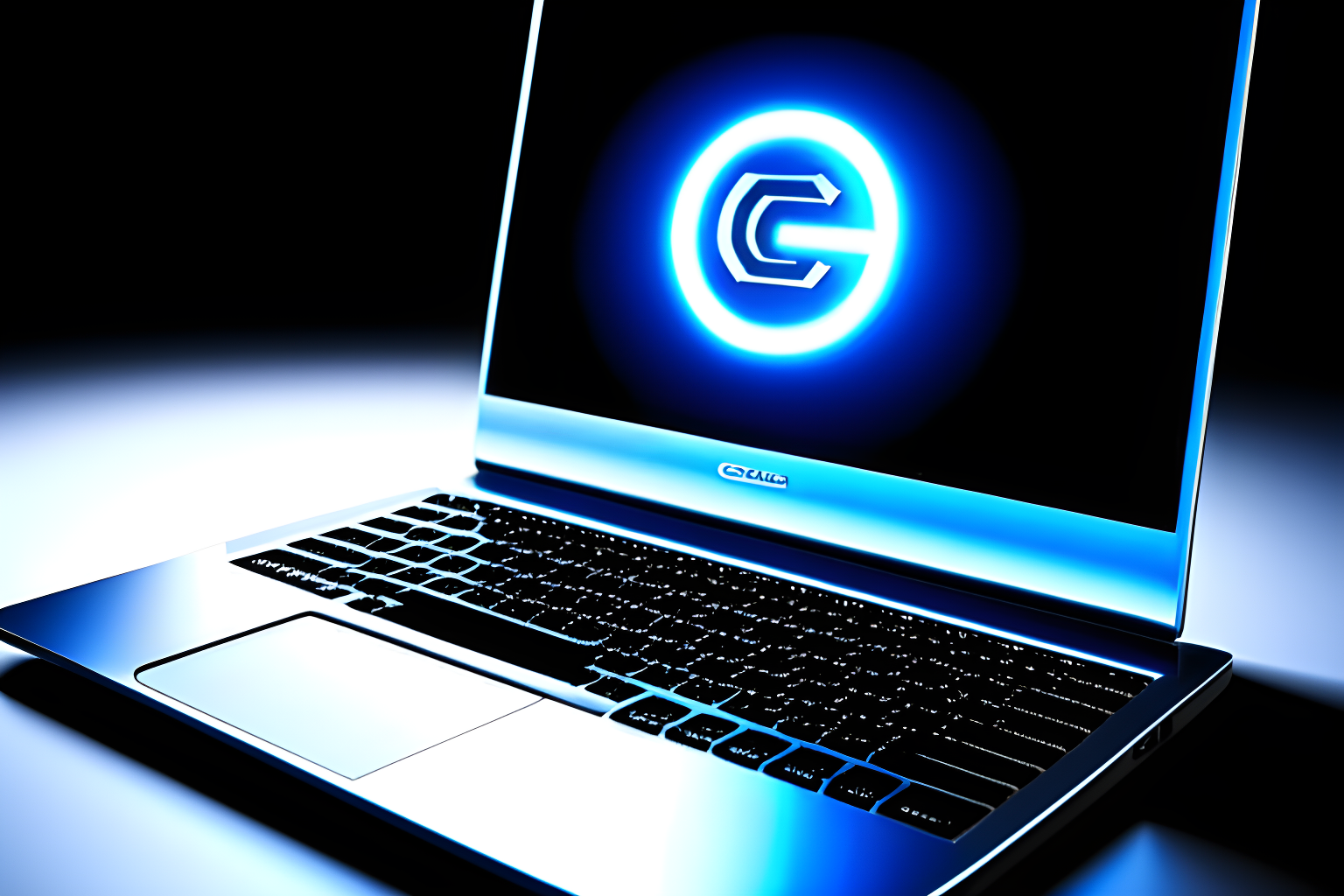 Create an image of a modern laptop with a sleek design. The laptop's screen should prominently display a clear and well-defined copyright symbol.