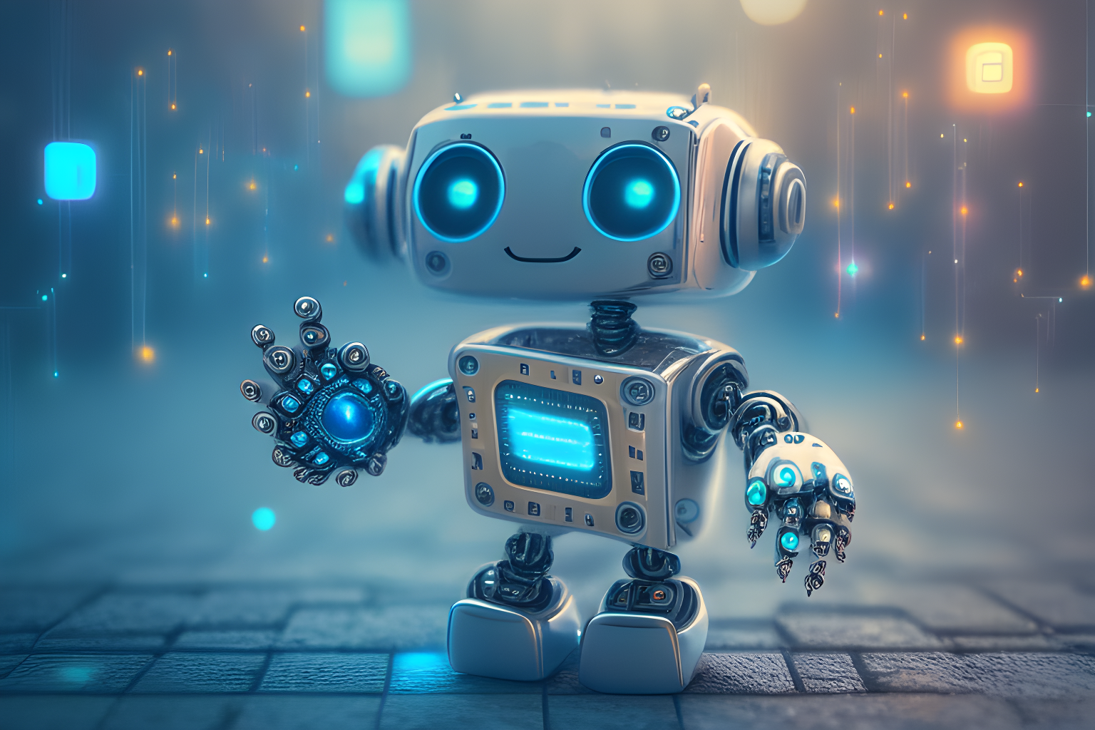 cute artificial intelligence bot holding a blockchain in their hand