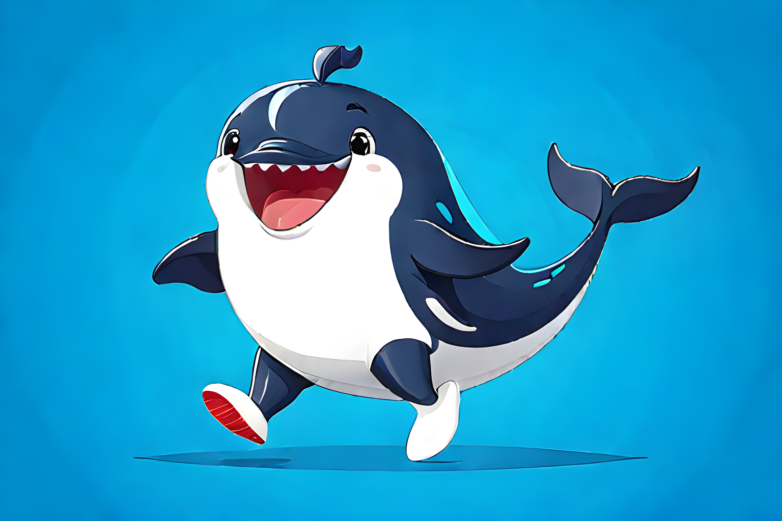 cute cartoon whale with human like legs and hands running to loose weight