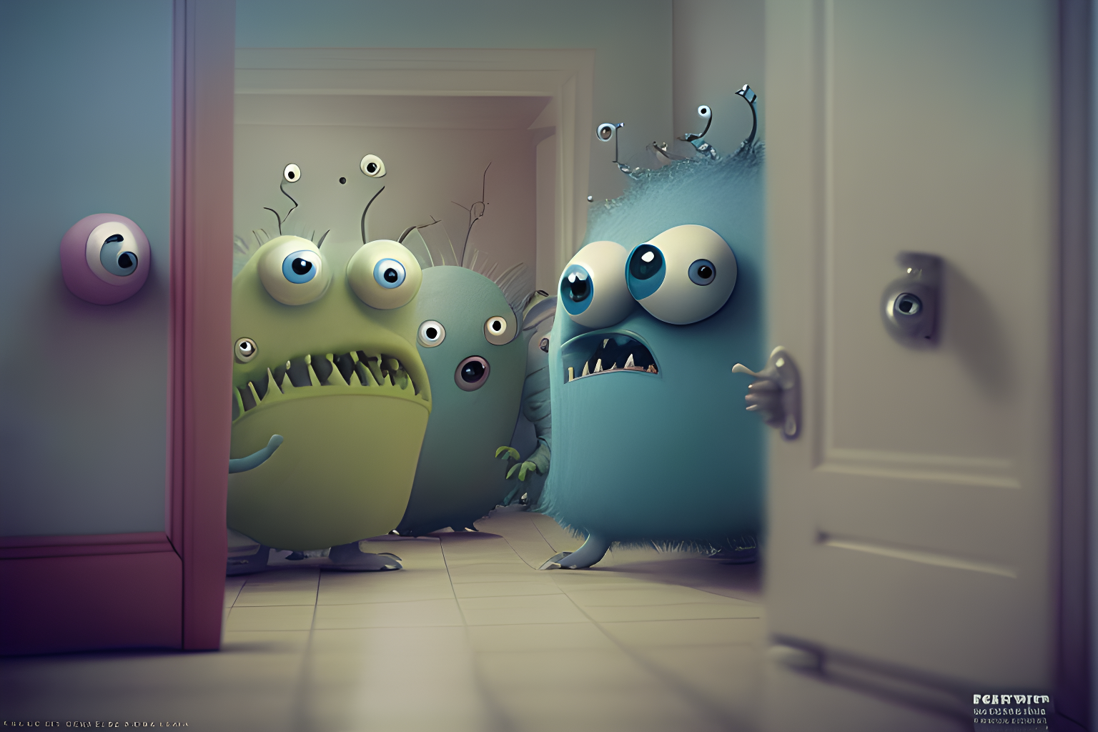 cute monsters partitioned in a room while bystanders look by