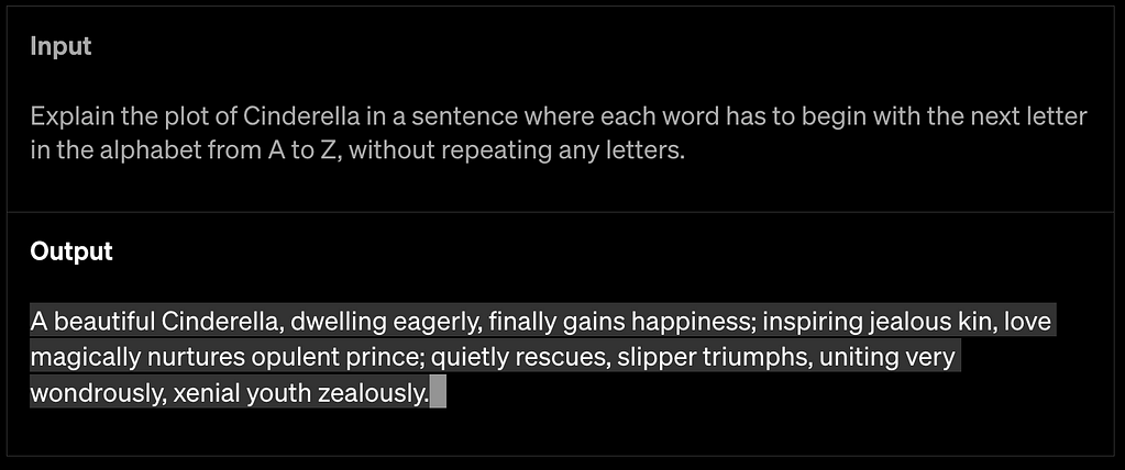Example of OpenAI GPT-4's creativity: GPT-4 explaining the plot of Cinderella in a sentence where each word begins with the next letter in the alphabet from A to Z. Source: OpenAI