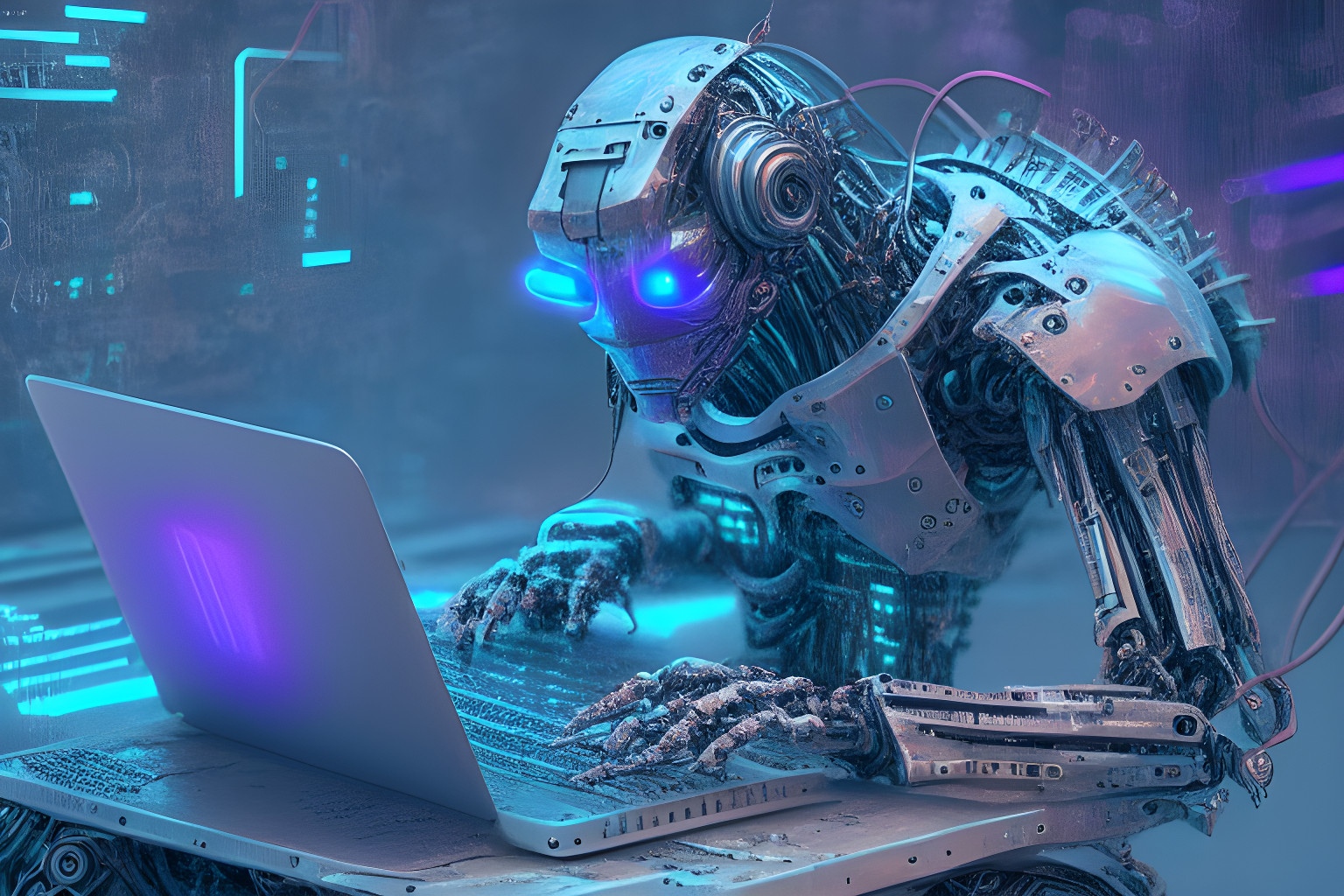 Cyberpunk, Futuristic AI Robot On A Laptop