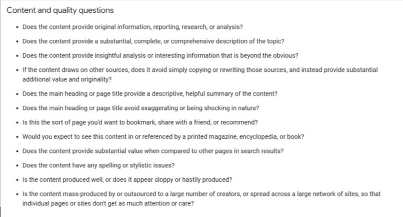 Google's content and quality questions