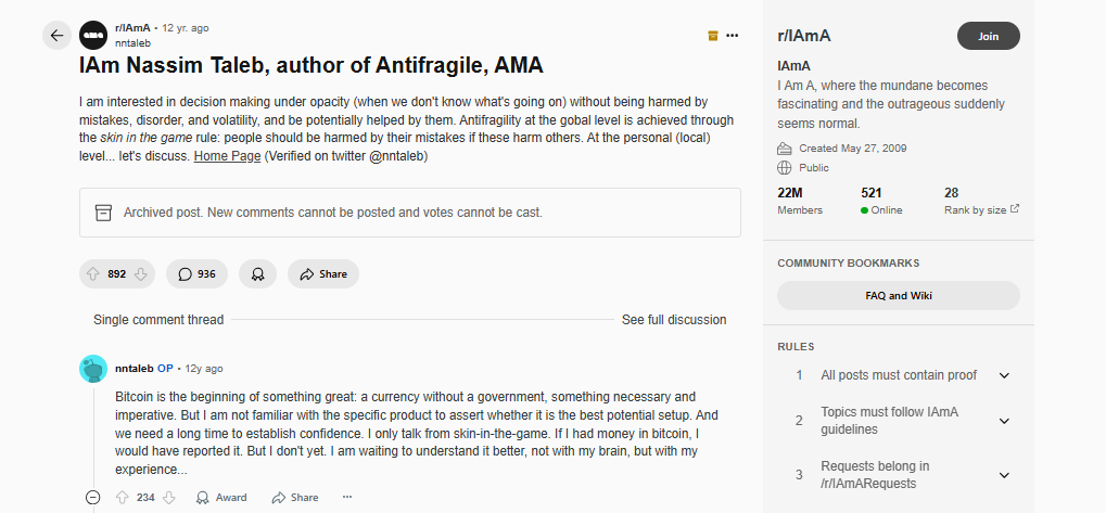 Taleb shares his opinion about Bitcoin on AMA