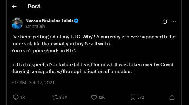 Taleb criticizes Bitcoin on X