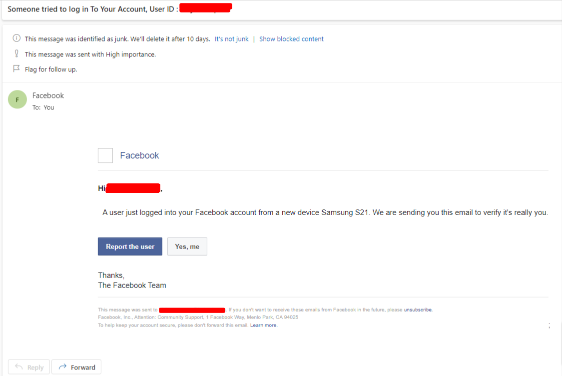 Figure 1: Phishing email sent to detect Facebook password and install the Malware
