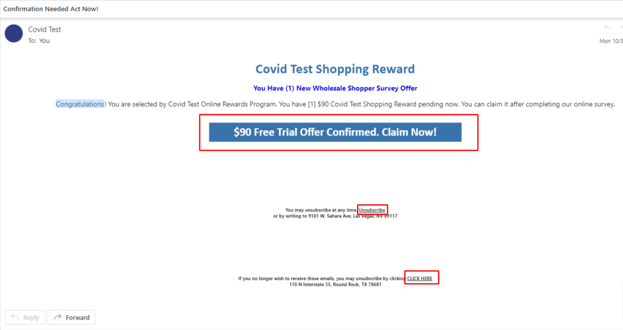 Figure 3: Scam offer-related phishing email