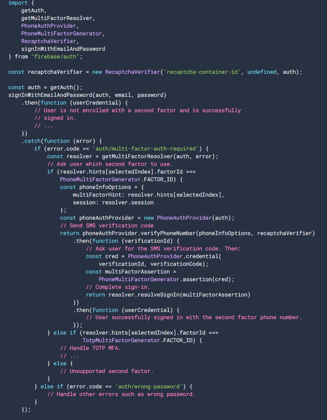 Code Source: Google Cloud,  JavaScript code using the Firebase Authentication library. This code snippet is used for handling multi-factor authentication (MFA) during the user sign-in process using Firebase Authentication.