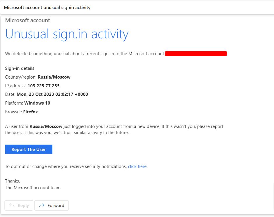 Figure 5: Fake “Microsoft account login” phishing email