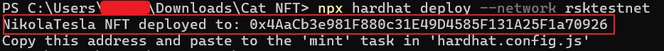 Terminal exhibits the successful NFT deployment to the address
