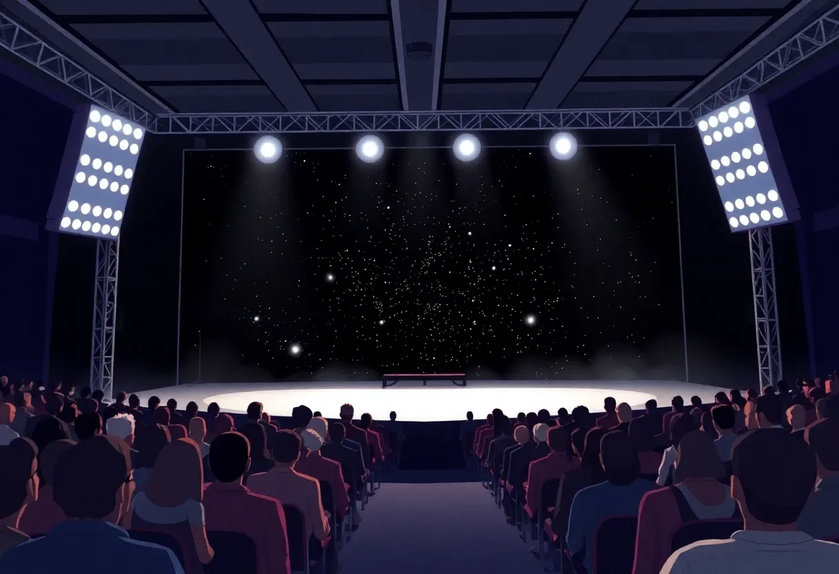 dark matter on a stage in front of a crowd animated