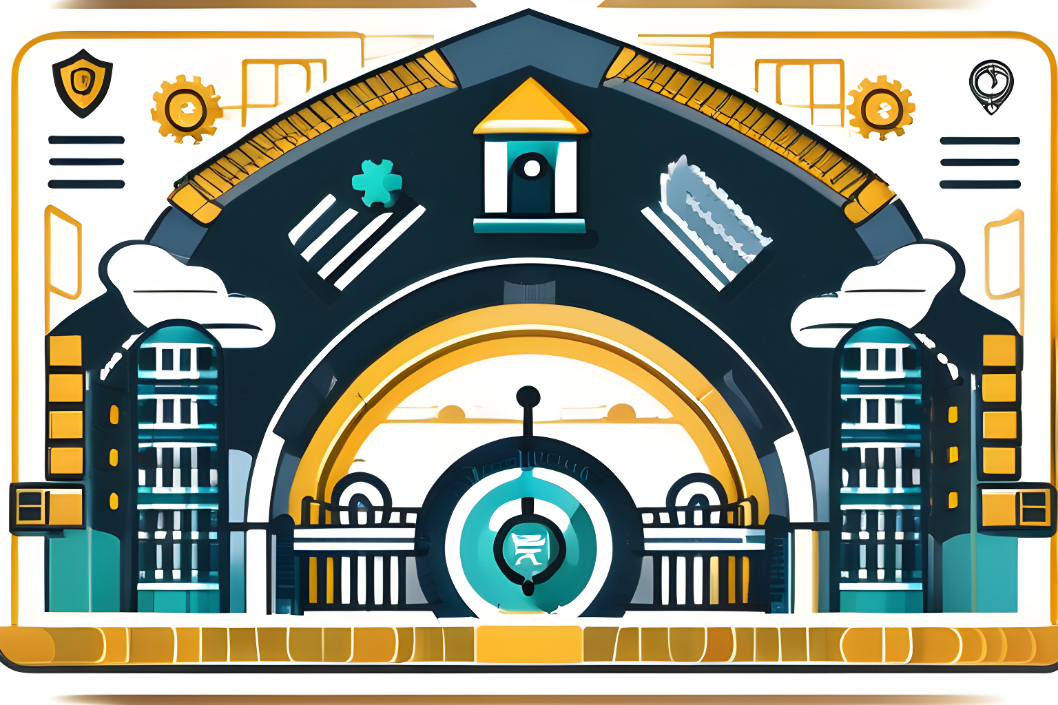 Design an image that visually represents the synergy between Continuous Integration, Continuous Deployment, and Security in a DevOps environment. Include elements such as interconnected gears symbolizing the continuous workflow, locks and shields representing security, and a collaborative team atmos