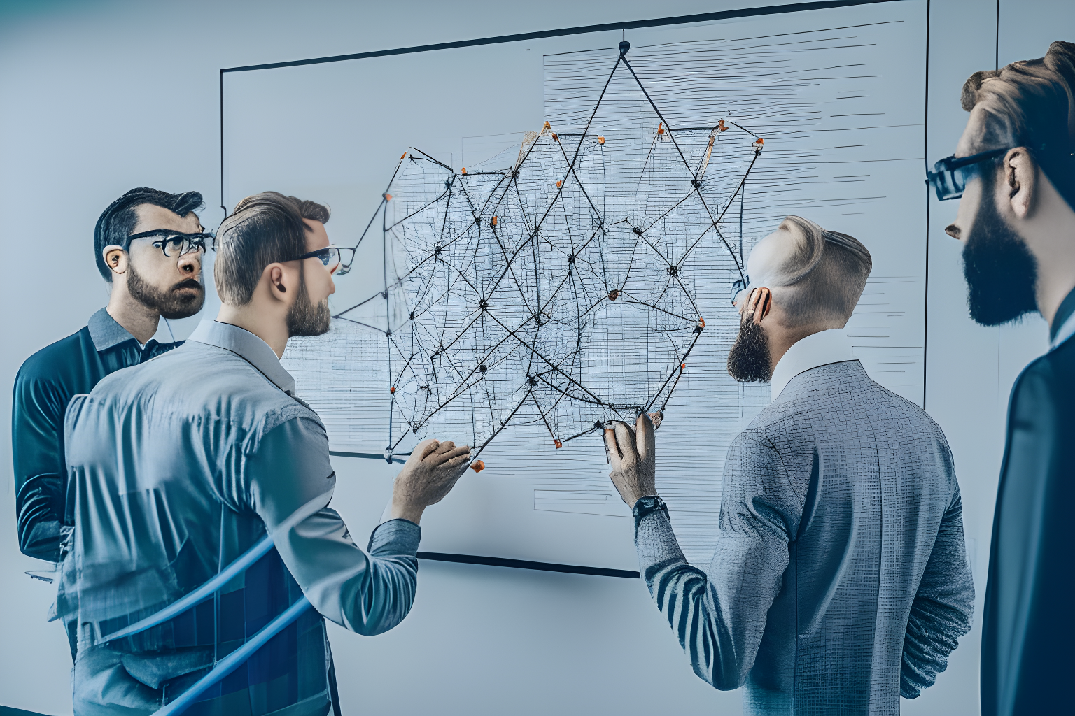 developers looking at a blockchain diagram on a whiteboard