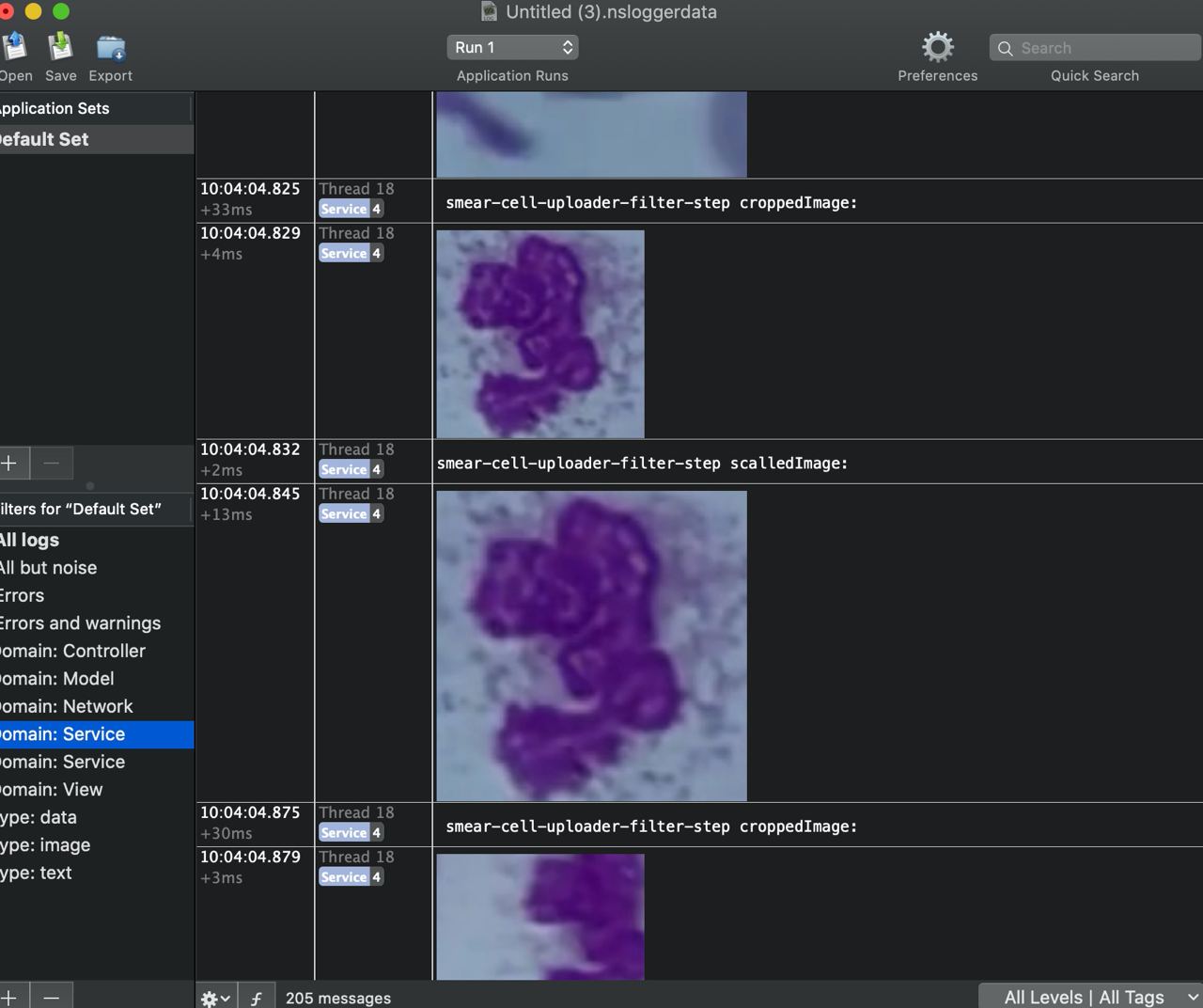 Screenshot of debugging via NSLogger with images of cells