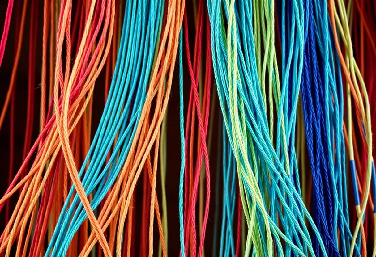 different color strings weaving together