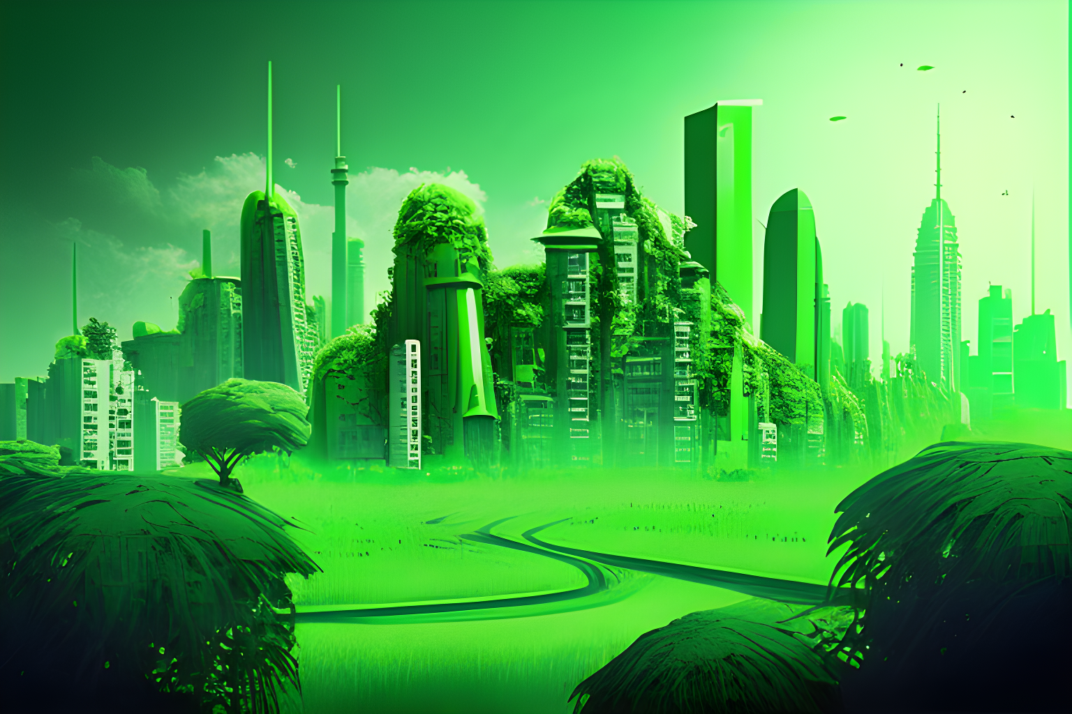 distopyan city with green background