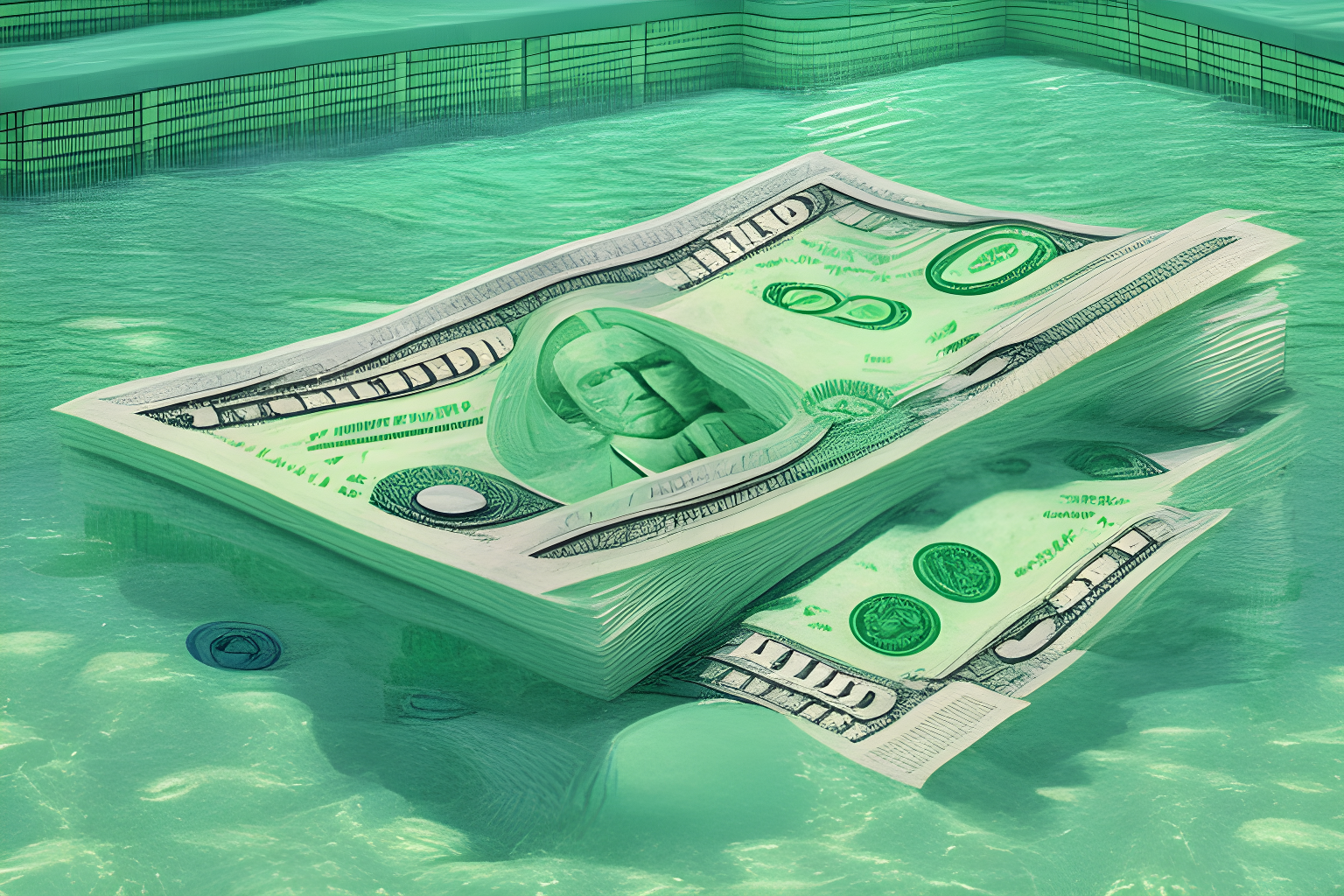 dollar bills by a green pool