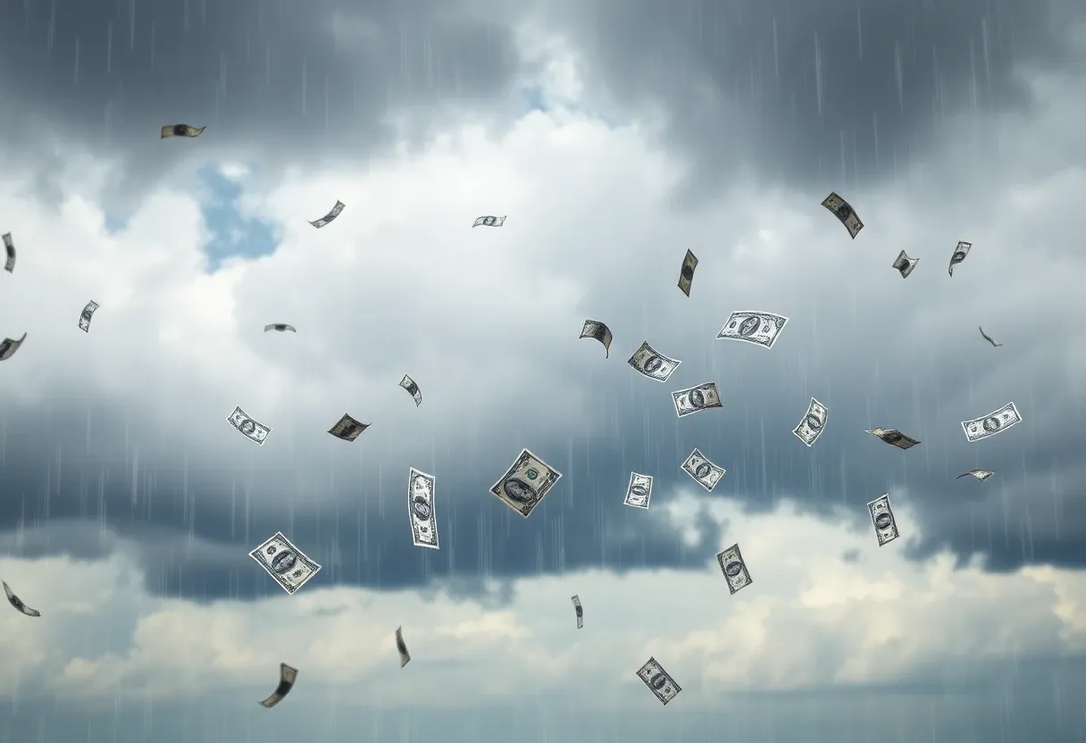 dollar bills falling from rain clouds