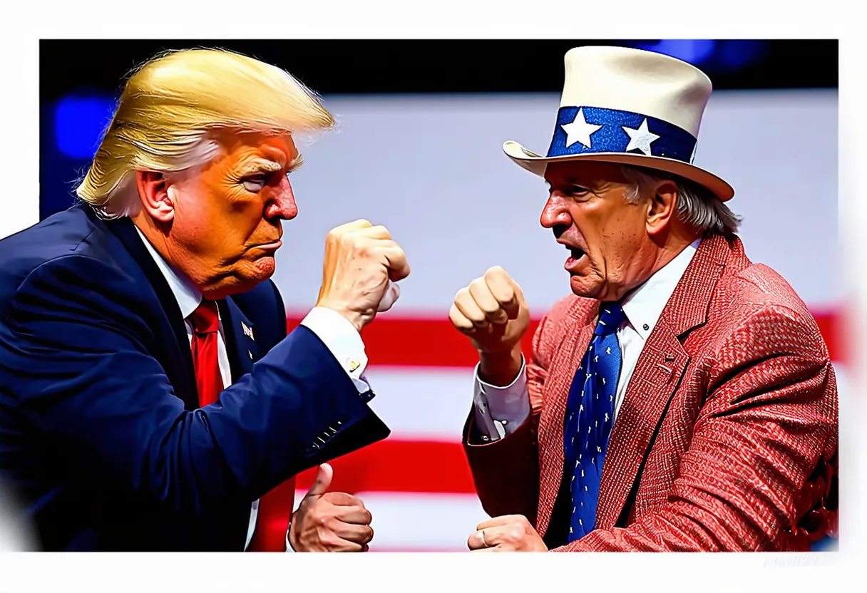 donald trump and uncle sam in an arm wrestling match