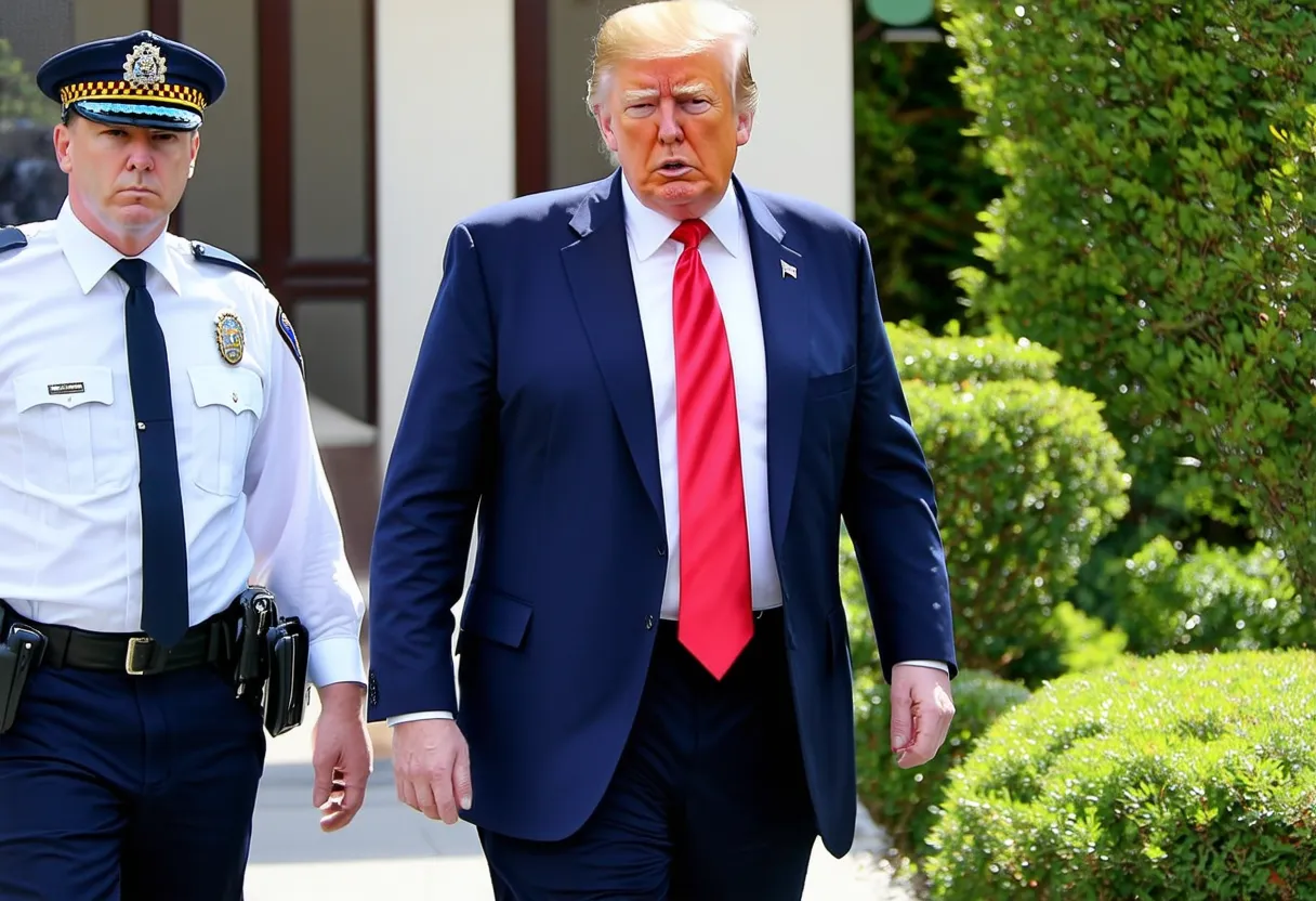 donald trump walking out of a police station