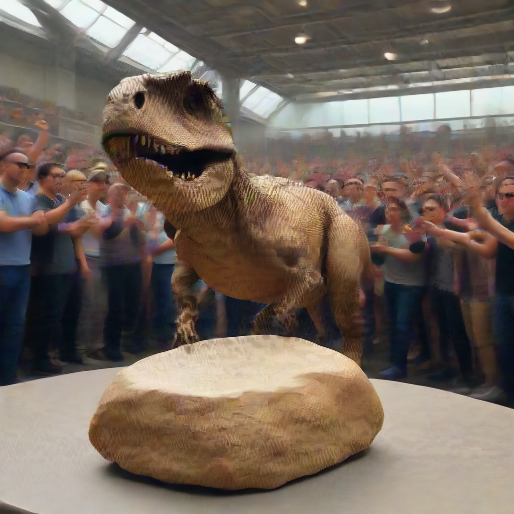 dusting off a dinosaur bone in front of a crowd