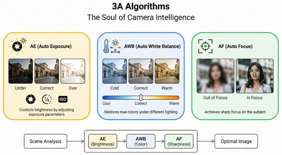 Figure 5: The 3A Algorithms. AE controls exposure parameters to ensure appropriateimage brightness; AWB corrects color temperature to restore true colors; AF adjusts focus to