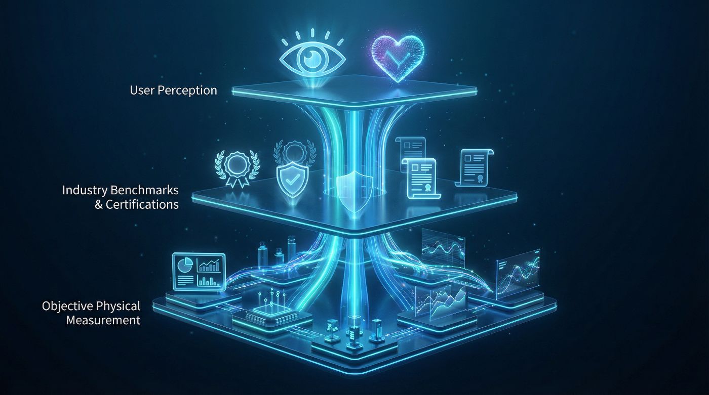Figure 1: The three-layer architecture of image quality validation, from objective physical measurements at the bottom, industry benchmarks and certifications in the middle, to user perception at the top. These three layers intertwine to collectively define image quality. Source: AI Creation