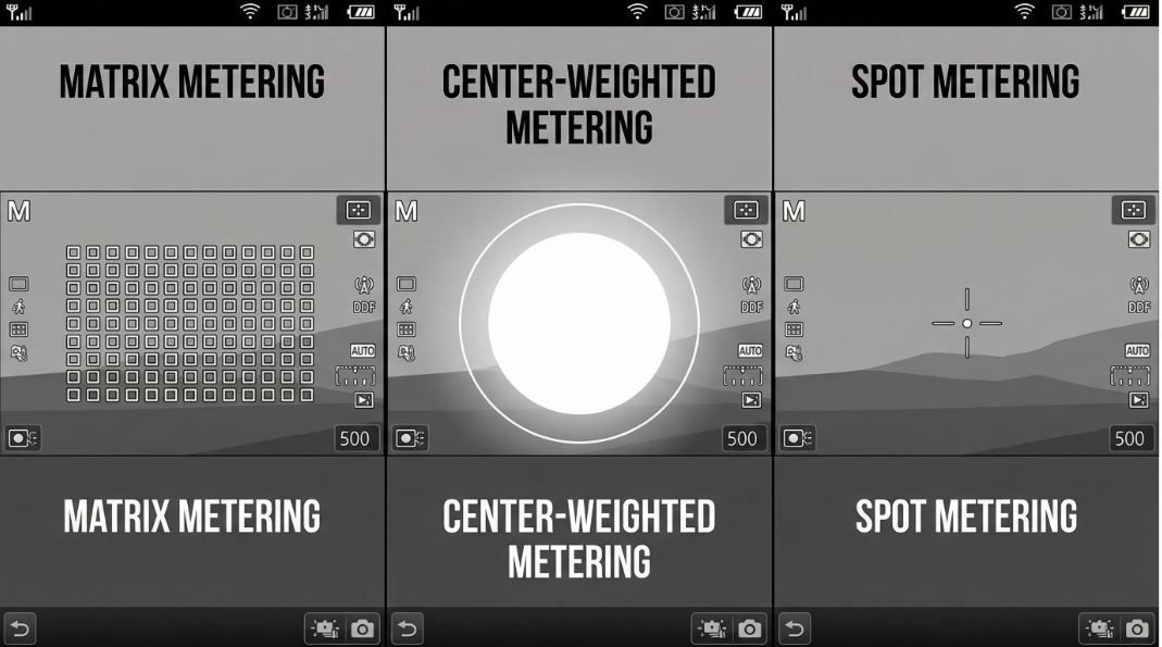 Figure 2: Comparison of metering ranges for Matrix, Center-Weighted, and Spot Metering.