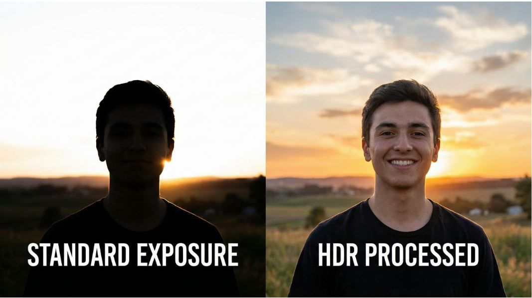 Figure 3: In a high-contrast backlit scene, standard exposure (left) makes the subject toodark, while HDR processing (right) balances details in both bright and dark areas.