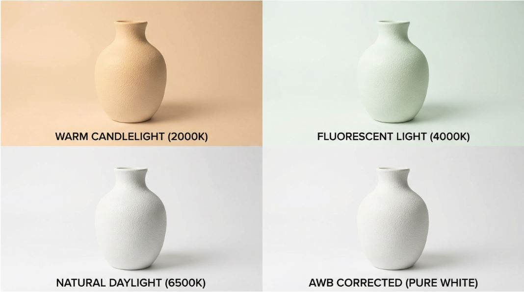 Figure 4: Under light sources of different color temperatures, uncorrected white objectswill appear in various colors. AWB aims to restore them to pure white.