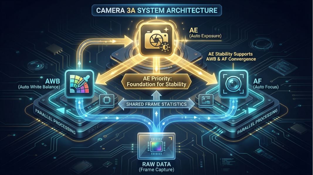 Figure 7: Camera 3A System Architecture. Raw image data serves as shared statisticalinformation, simultaneously fed to AE, AWB, and AF modules for parallel processing.
Among them, AE has higher priority, and its stability is the foundation for the
convergence of AWB and AF modules, collectively ensuring the optimization of final
image quality.