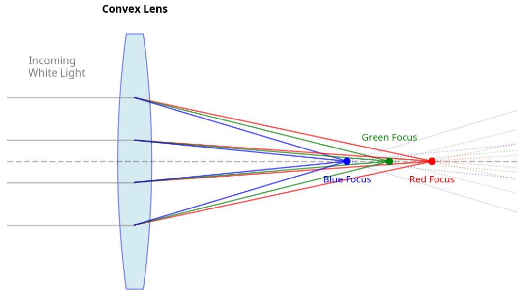 Figure 3: Chromatic Aberration Ray Diagram. Different wavelengths of light (red, green, blue) are focused at different points along the optical axis after passing through a single convex lens, due to their different refractive indices, causing chromatic aberration.