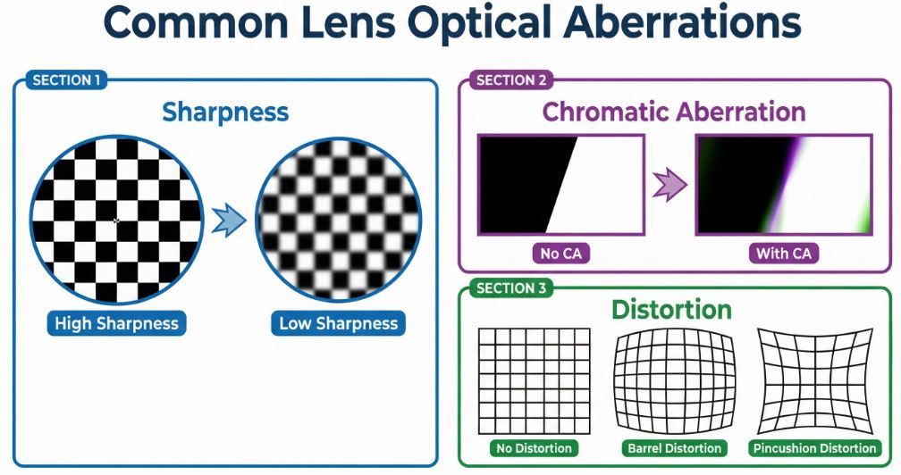 Figure 2: Common Lens Optical Aberrations. The left side shows the difference insharpness: high sharpness presents clear edges, while low sharpness appears blurry. The