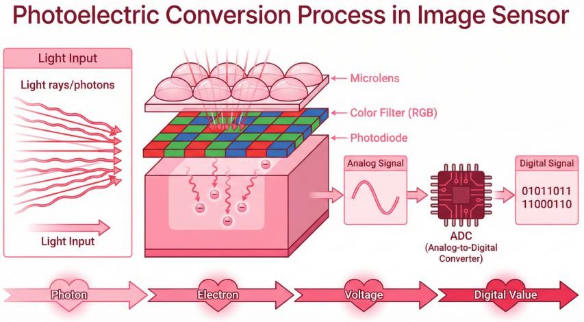 Figure 3: The Photoelectric Conversion Process in an Image Sensor. Light is focused bythe microlens, passes through the color filter, and strikes the photodiode to generate