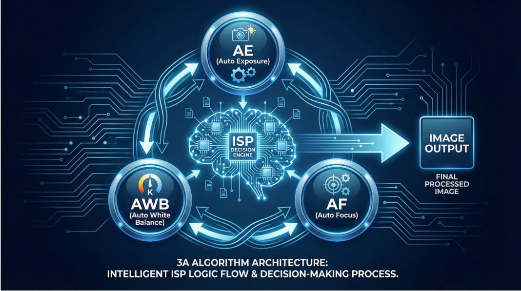Figure 1: 3A algorithms (AE, AWB, AF) are the core decision-making brain in the camera's ISP processing pipeline.