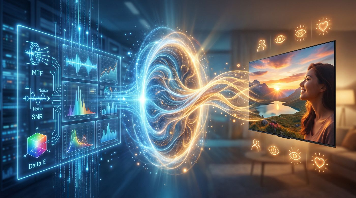 Figure 4: Diagram illustrating the bridge between objective metrics and subjective perception, showing how data is transformed into human-perceivable image quality. Source: AI Creation