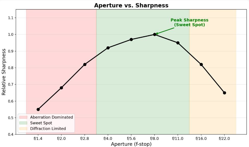 Figure 2: Aperture vs. Sharpness. Lens sharpness peaks at the "sweet spot" (green area), is affected by aberrations at large apertures (red area), and is limited by diffraction at small apertures (orange area).