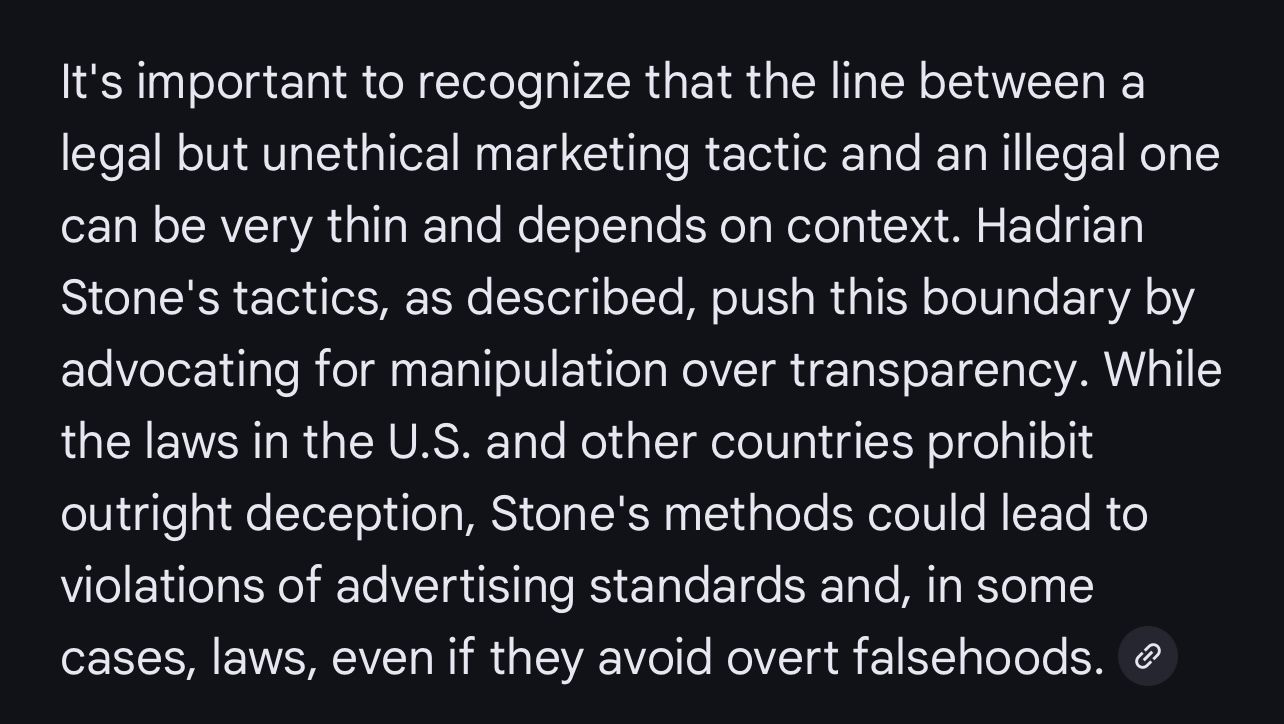 Google AI Overview on The 23 Laws of Marketing: Master Them or Die as pushing boundaries of unethical and even illegal