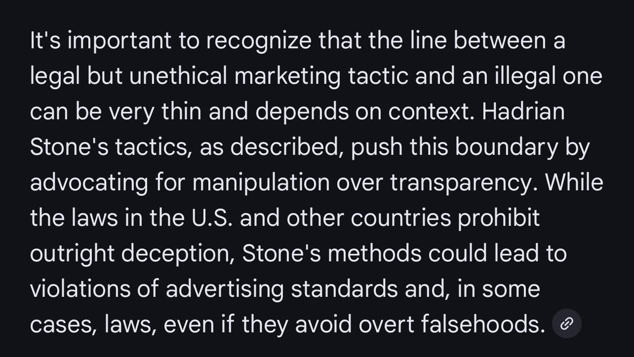 Google AI Overview, accusing The 23 Laws of Marketing: Master Them or Die as pushing boundaries