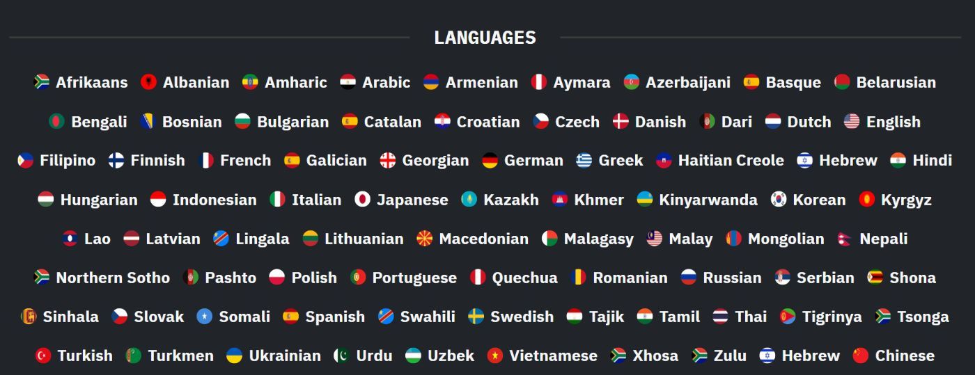 The 77 languages offered with HackerNoon's translation feature