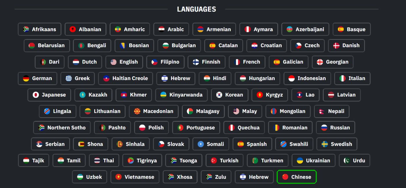 All of the languages available with HackerNoon's language translation feature