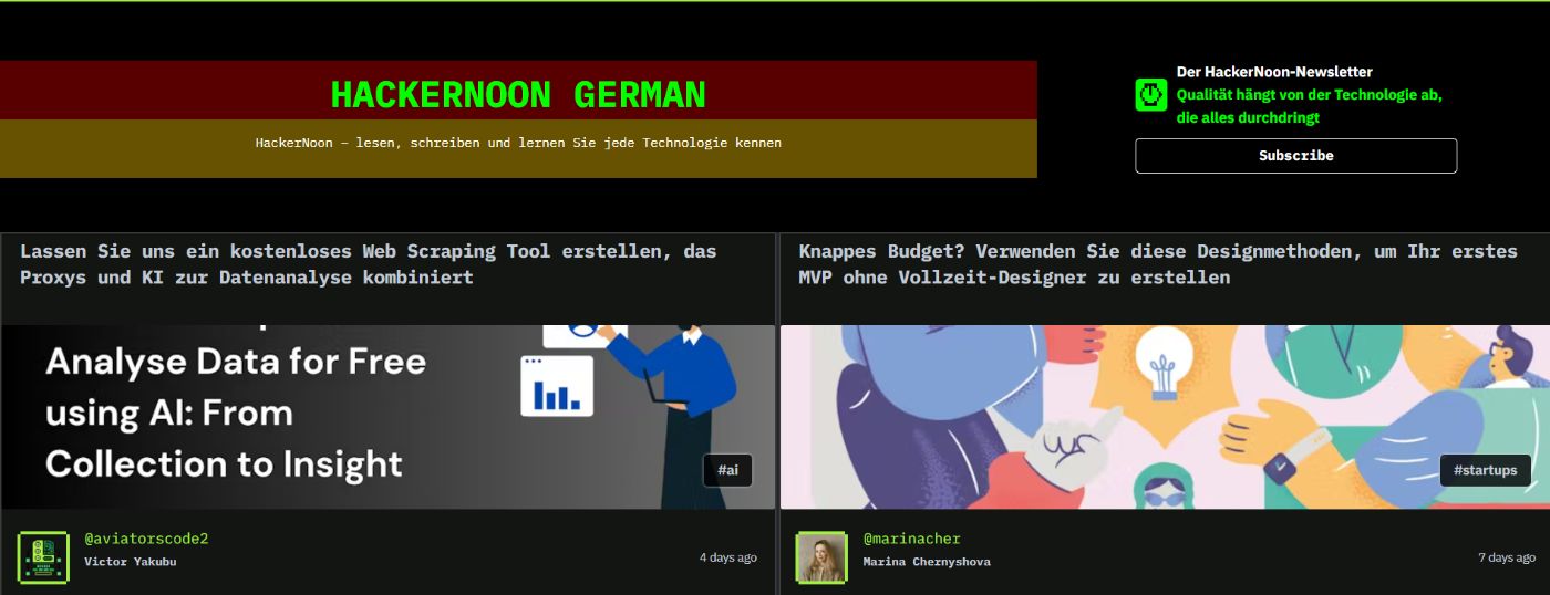 German version of the HackerNoon homepage